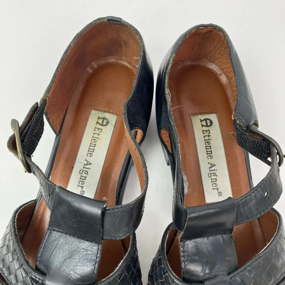 Etienne Aigner Sz 6.5 Vintage 90s T-strap Closed Toe Fisherman Sandals Black